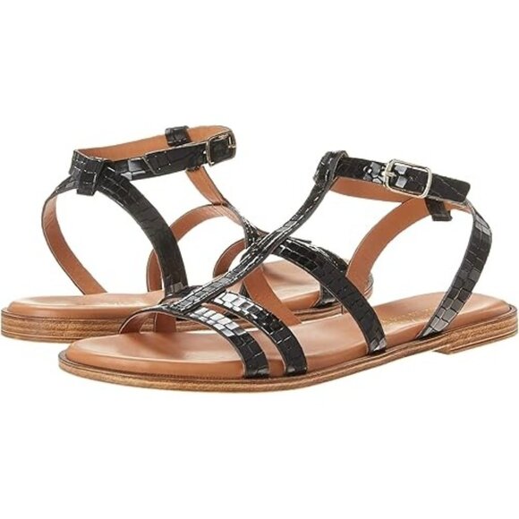Bella Vita Women's Flat Strappy Sandal Black Croco Italian Leather Size 8.5 Wide - Picture 1 of 8